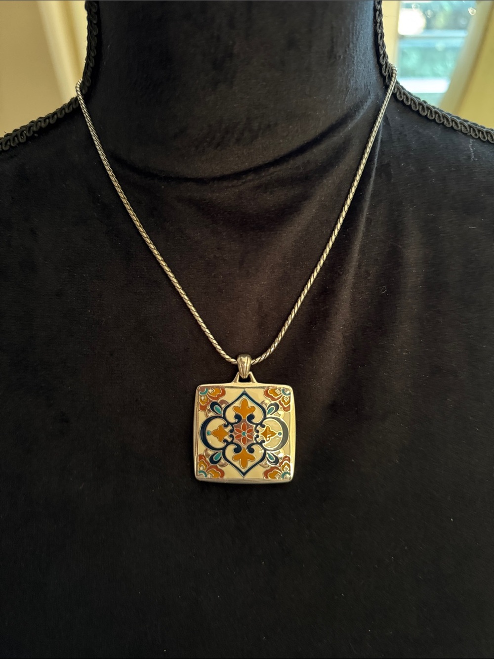 Brighton Enamel Tile Pendant Necklace on Silver-Tone Snake Chain